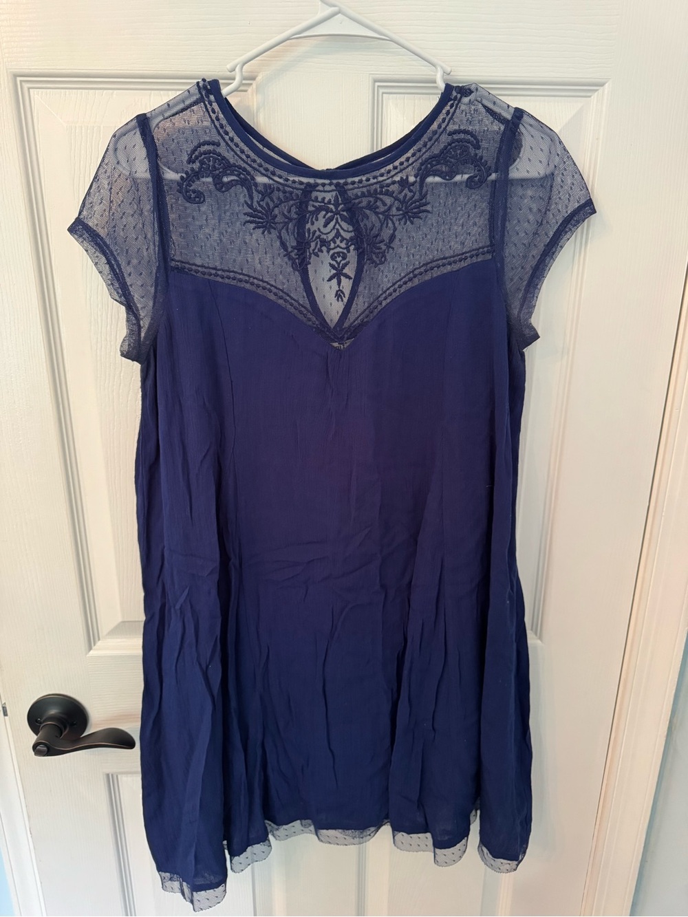 miami Navy Blue Embroidered Yoke Short Sleeve Dress